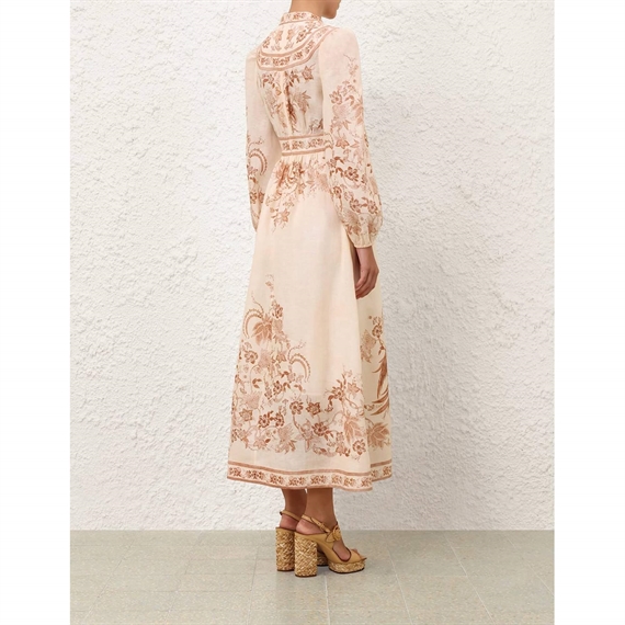 Zimmermann Indra Plunge Midi Kjole, Cream Tan Floral